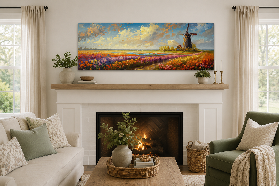 Panoramic canvas art of Keukenhof Gardens with colorful tulips and a windmill over a fireplace.