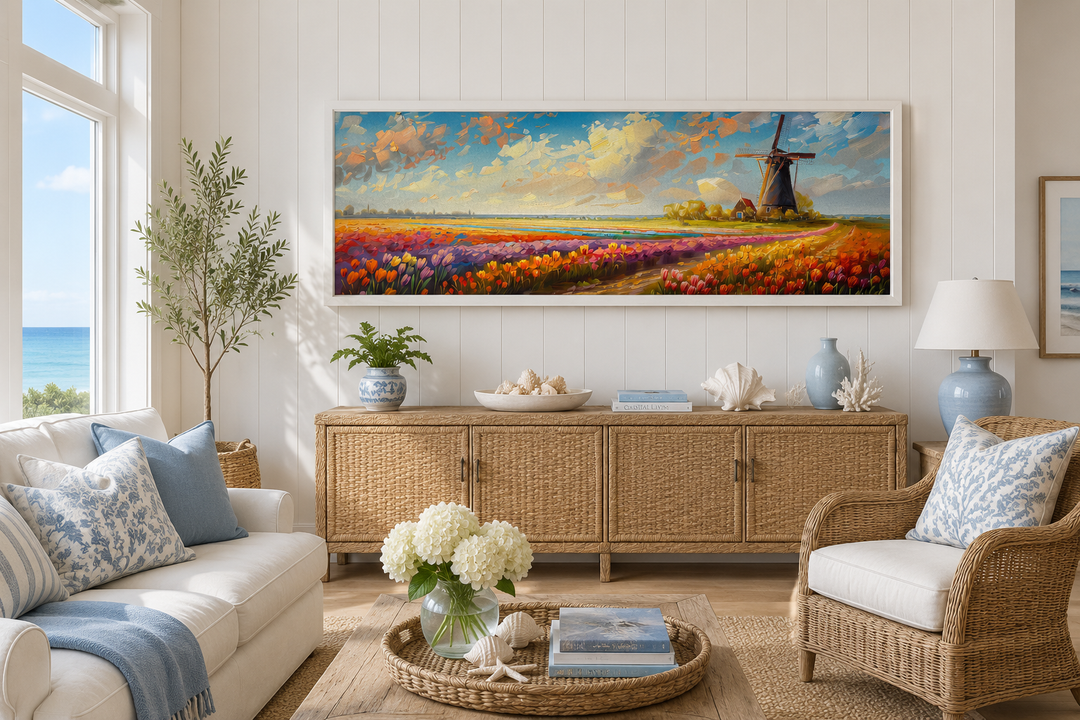 Panoramic framed canvas art of Keukenhof Gardens with colorful tulips and a Dutch windmill.