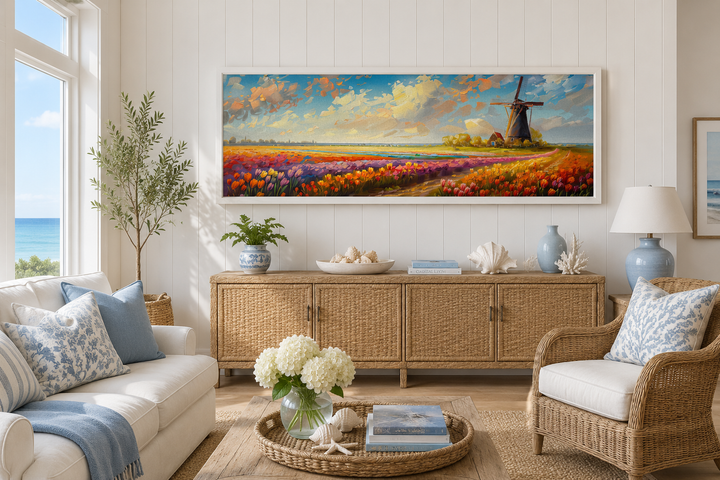 Panoramic framed canvas art of Keukenhof Gardens with colorful tulips and a Dutch windmill.