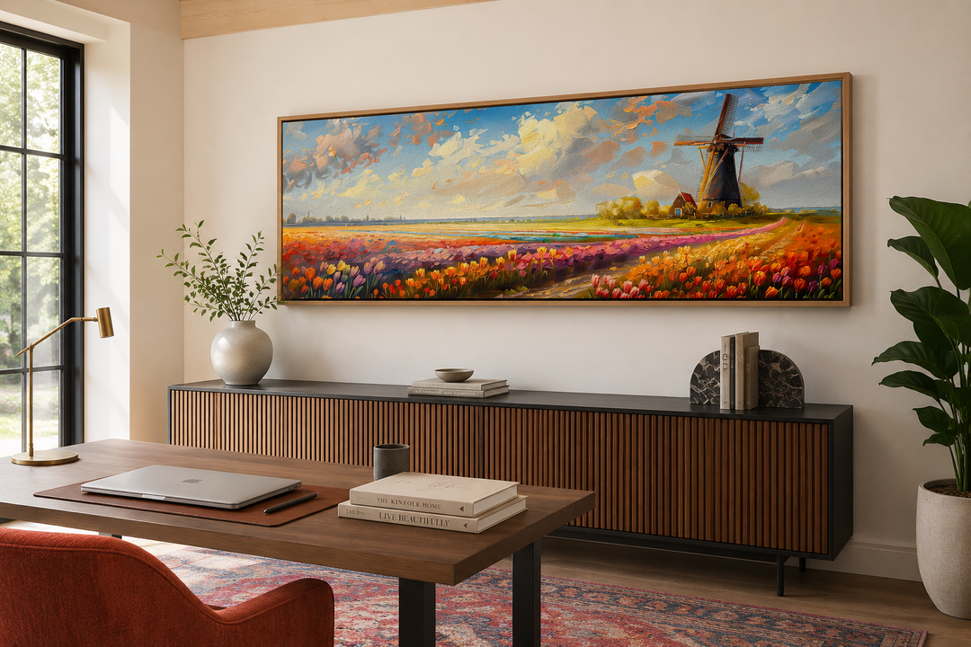 Panoramic framed canvas art of Keukenhof Gardens tulip fields and a windmill in the Netherlands.