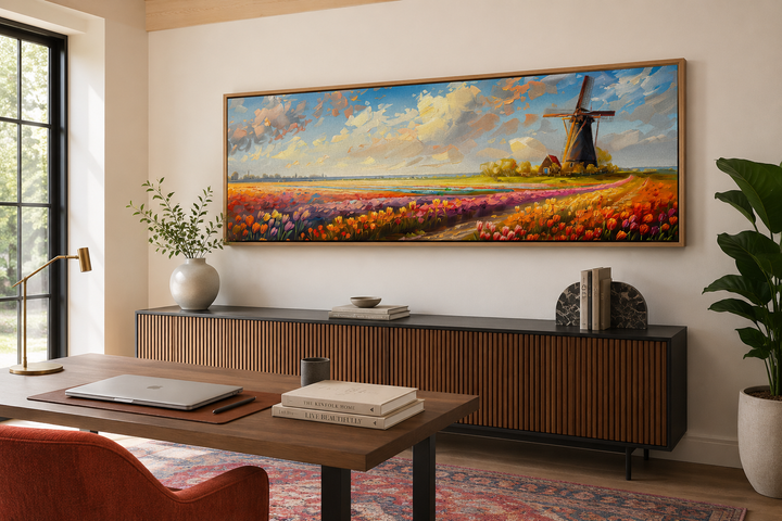 Panoramic framed canvas art of Keukenhof Gardens tulip fields and a windmill in the Netherlands.