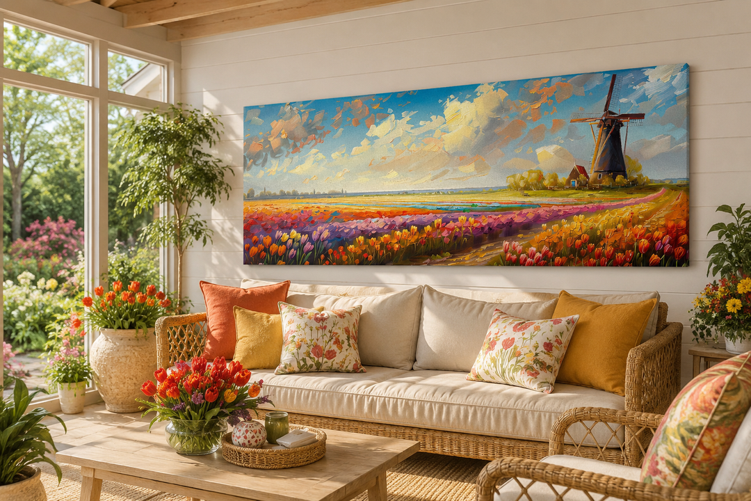 Panoramic canvas wall art of Keukenhof Gardens and a windmill above a sofa in a sunlit living room.