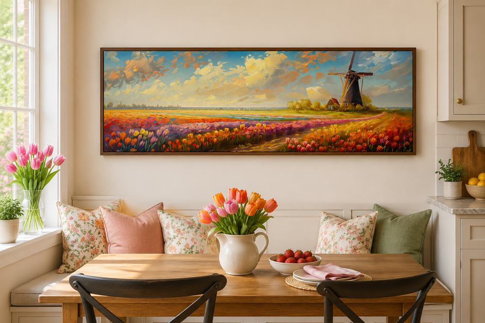 Panoramic framed canvas art of Keukenhof Gardens with colorful tulips and a windmill in Netherlands.