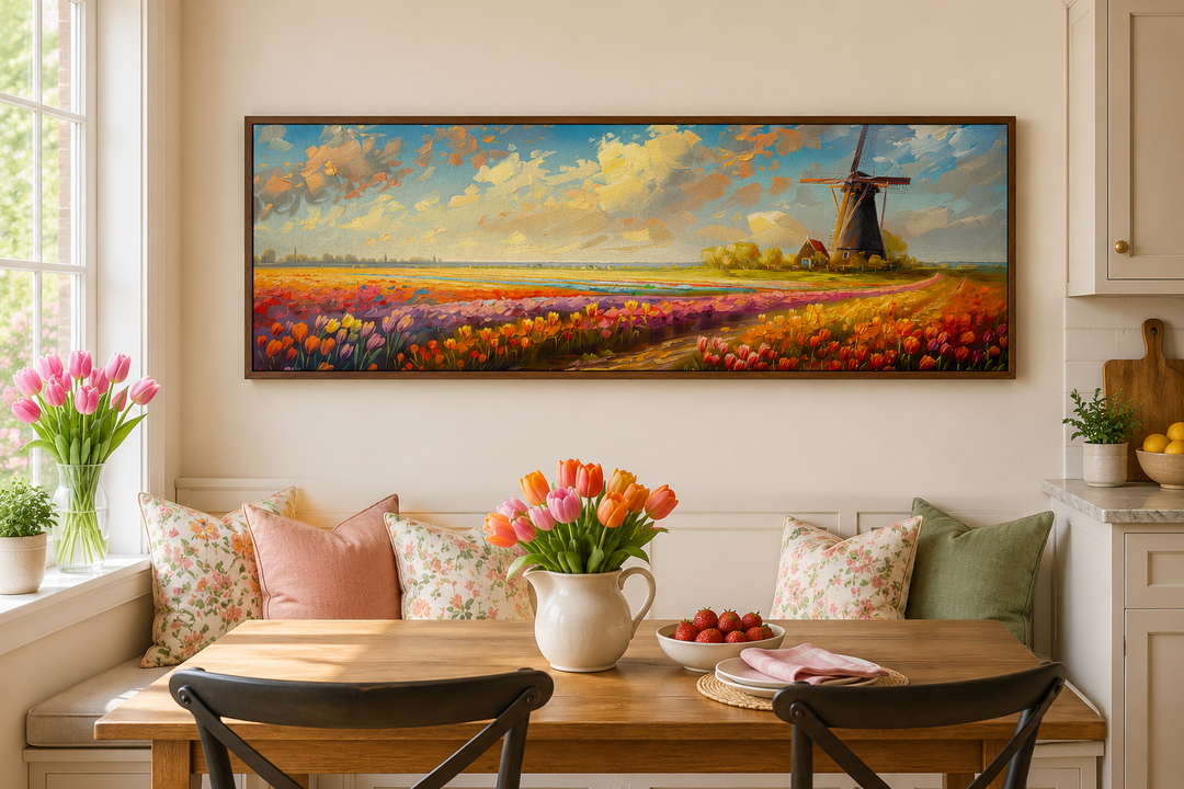 Panoramic framed canvas art of Keukenhof Gardens with colorful tulips and a windmill in Netherlands.