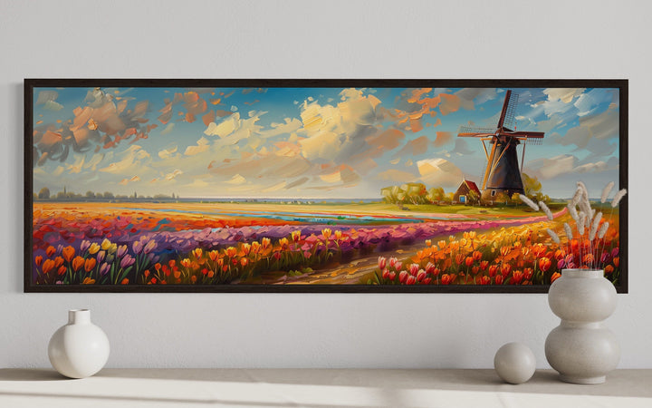 Panoramic framed canvas art of Keukenhof Gardens with colorful tulip fields and a Dutch windmill.