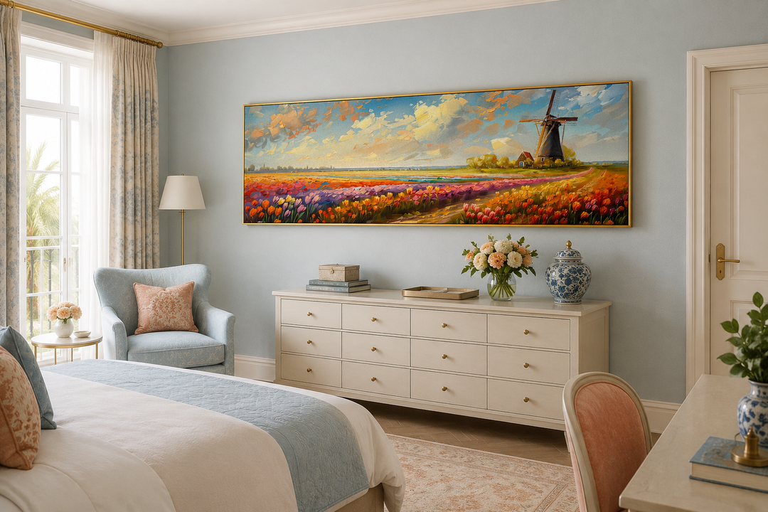 Panoramic framed canvas art of Keukenhof Gardens and a windmill above a bedroom dresser.