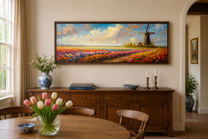 Panoramic framed canvas art of Keukenhof Gardens with colorful tulips and a Dutch windmill.