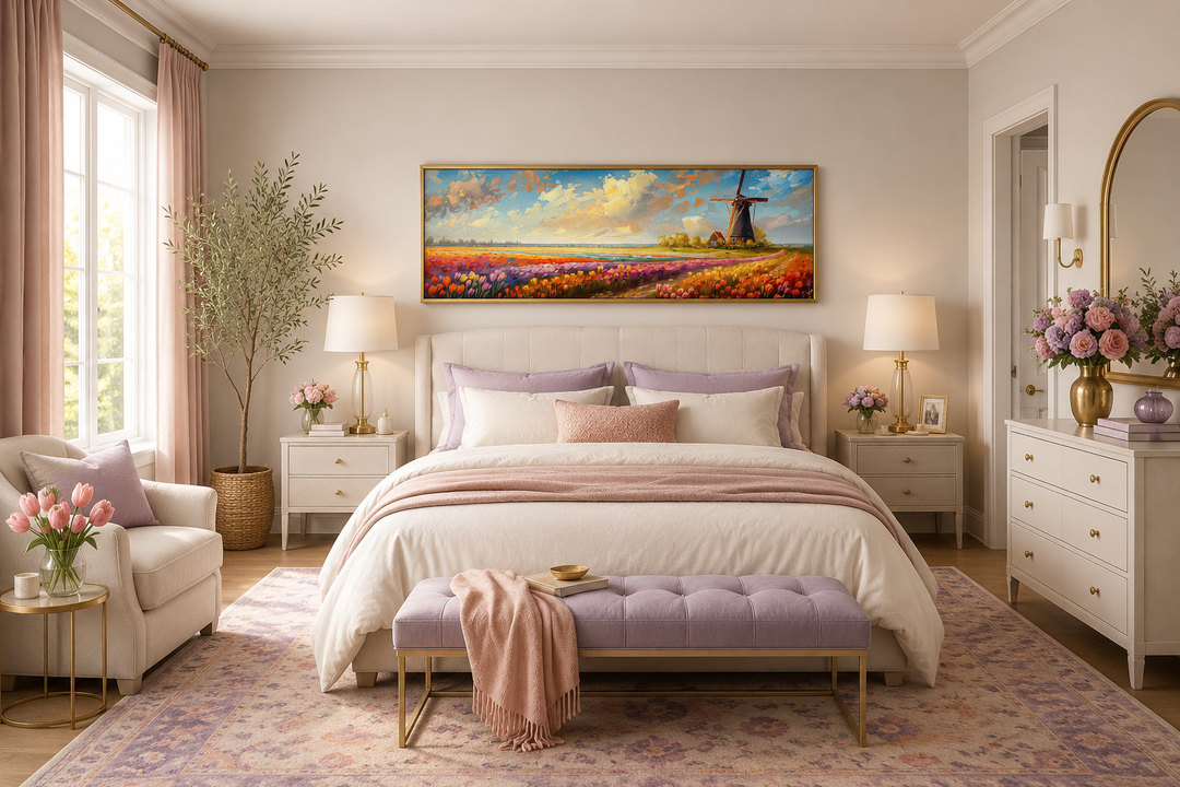 Keukenhof Gardens and windmill framed canvas wall art above a bed in a bedroom.