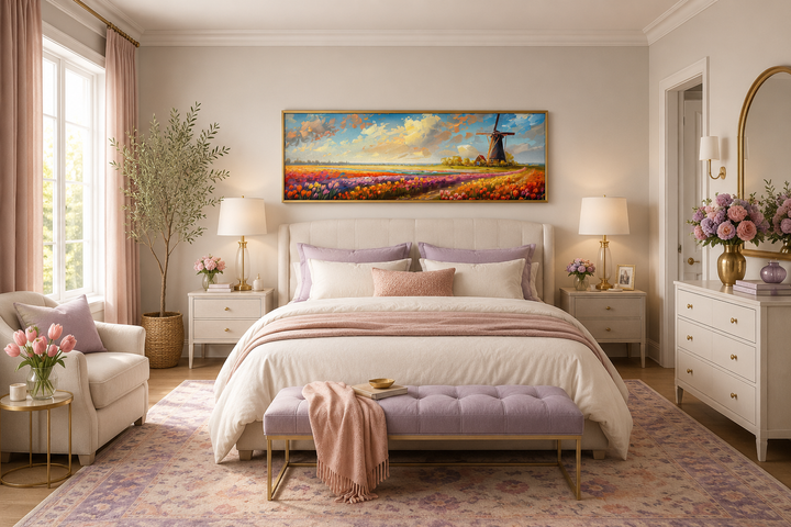Keukenhof Gardens and windmill framed canvas wall art above a bed in a bedroom.