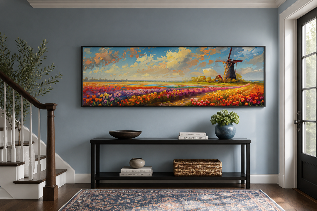 Panoramic framed canvas wall art of Keukenhof Gardens tulips and a windmill in the Netherlands.