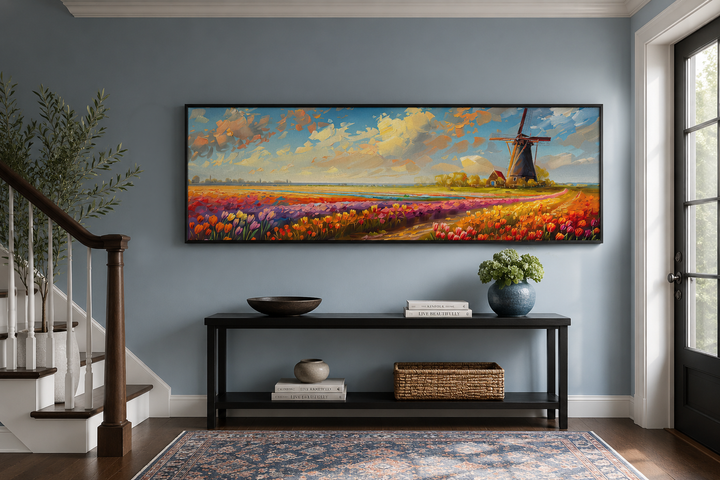 Panoramic framed canvas wall art of Keukenhof Gardens tulips and a windmill in the Netherlands.