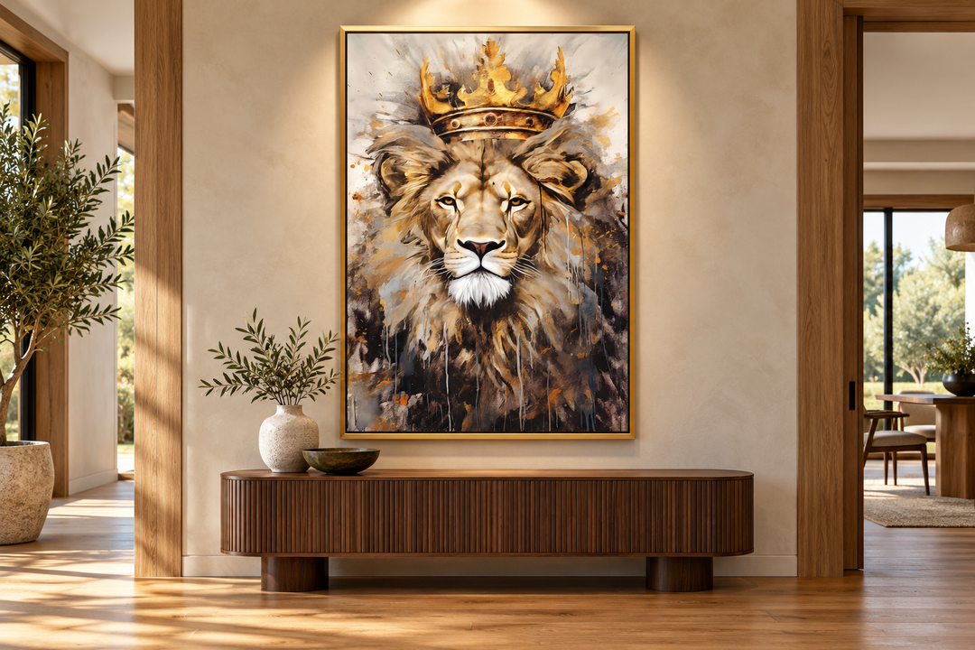 Framed canvas wall art of a lion wearing a golden crown above a wooden sideboard in a modern room.