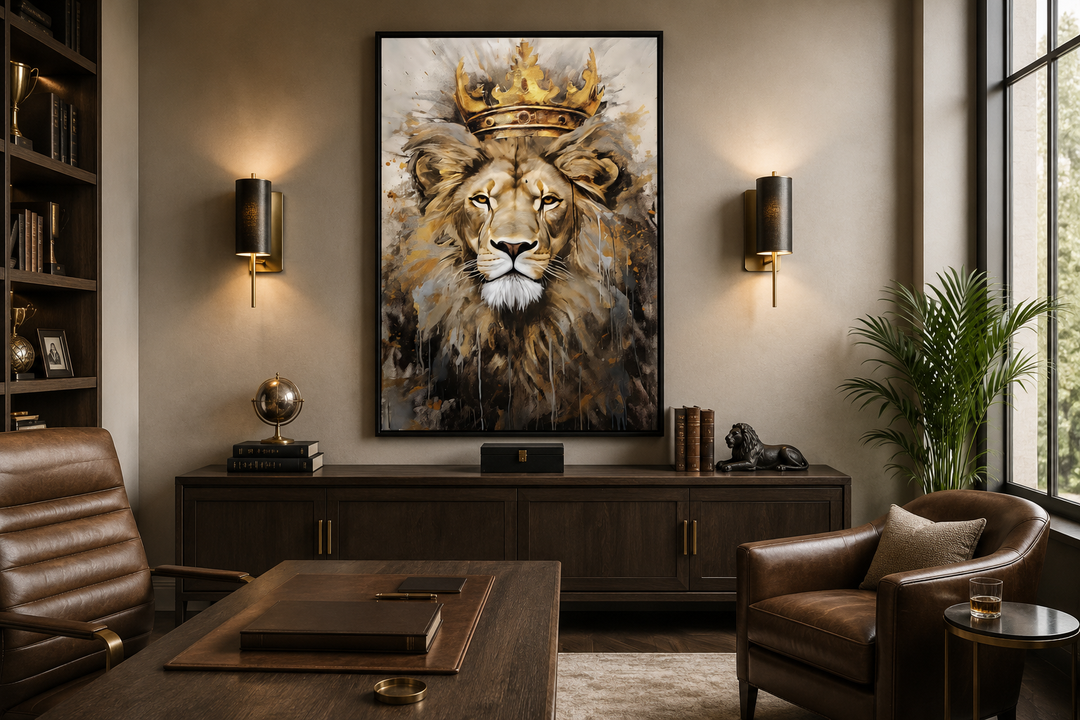 Lion King with crown framed canvas wall art displayed in a sophisticated office setting.