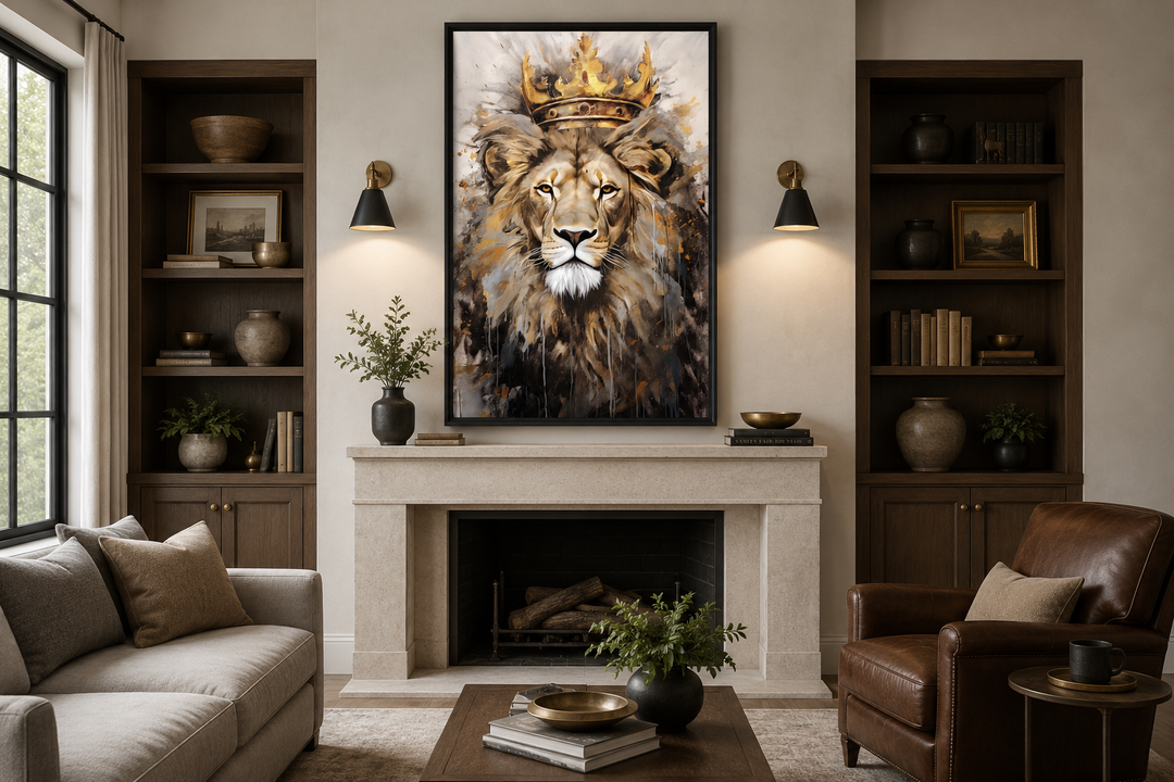 Framed canvas wall art of a majestic lion wearing a golden crown above a fireplace mantel.