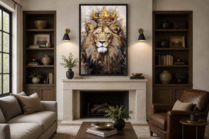 Framed canvas wall art of a majestic lion wearing a golden crown above a fireplace mantel.