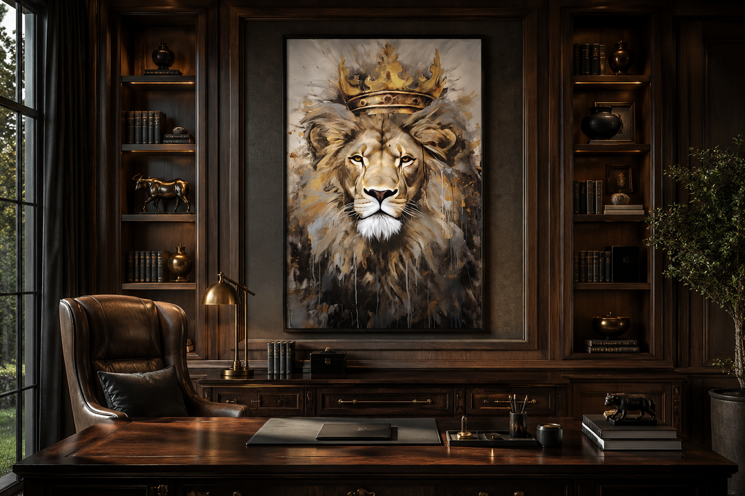 Lion King with Crown framed canvas wall art centered above a dark wood desk in a home office.