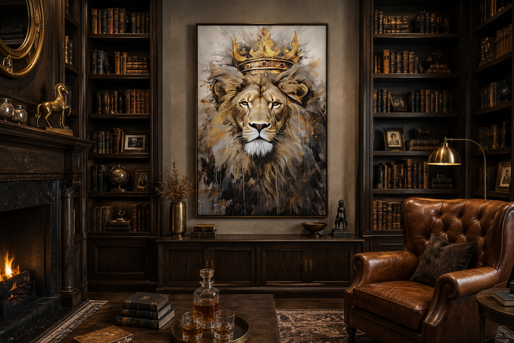 Framed canvas wall art of a lion wearing a golden crown, displayed in a dark wood library setting.