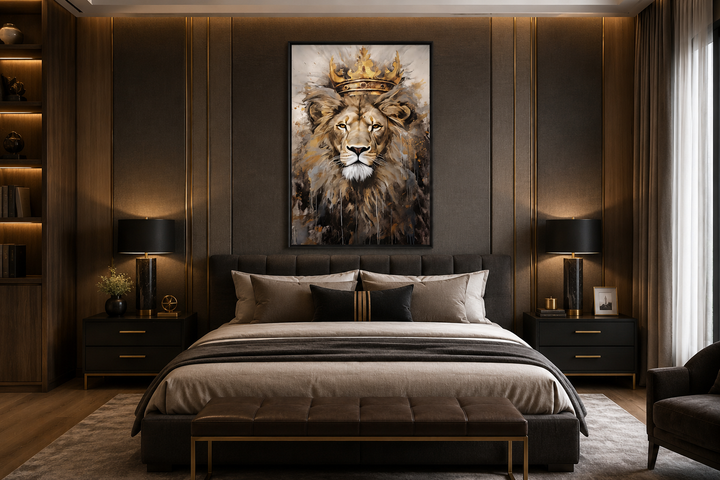 Framed canvas wall art of a lion wearing a golden crown above a bed in a modern bedroom.