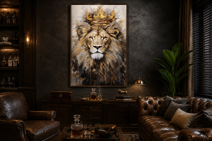 Lion King with Crown framed canvas wall art in a dark, masculine office with leather furniture.