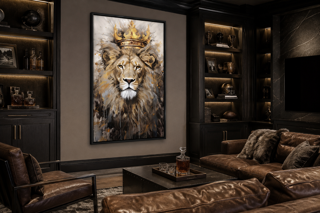 Lion King with Crown framed canvas wall art displayed in a dark, masculine office or man cave.