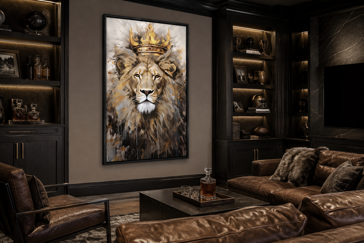 Lion King with Crown framed canvas wall art displayed in a dark, masculine office or man cave.