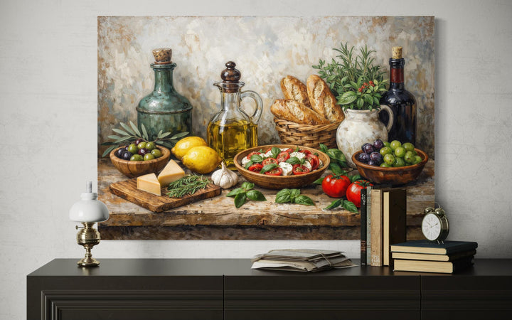 Mediterranean food still life canvas art displayed on a wall above a dark wooden sideboard.