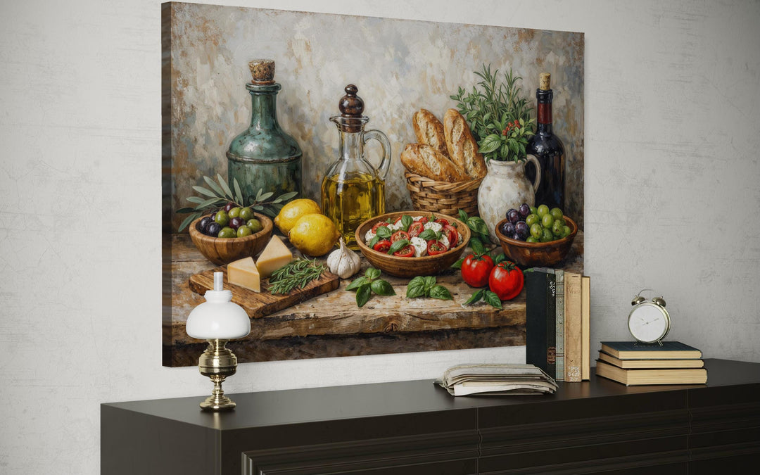 Mediterranean food still life canvas wall art displayed above a dark wood sideboard.