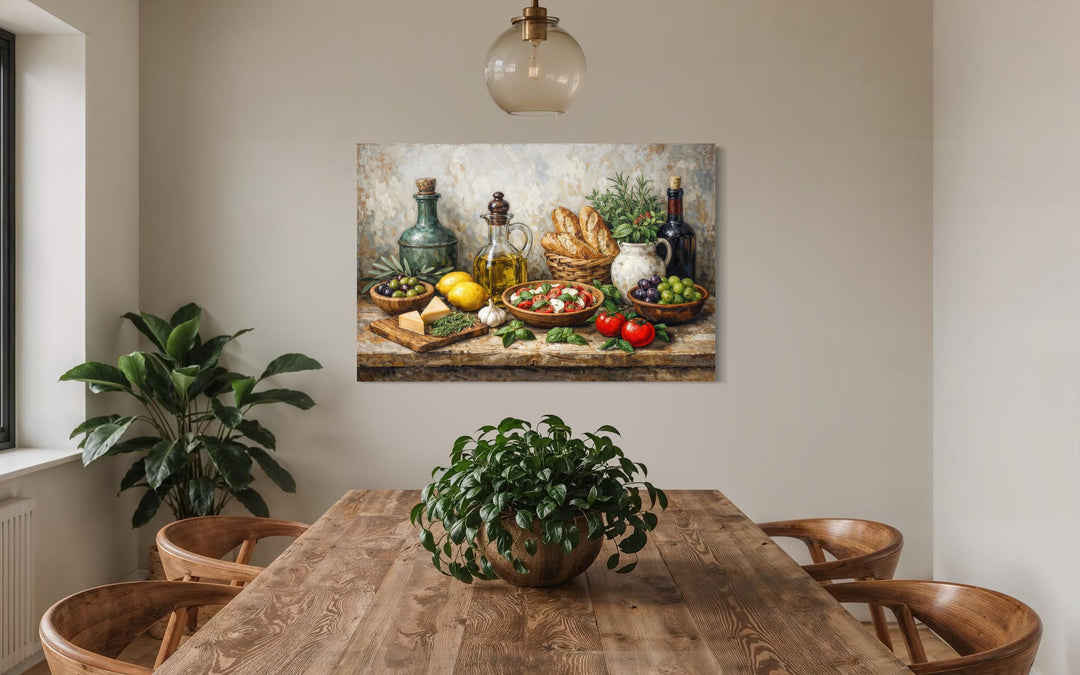 Mediterranean food still life canvas art displayed in a rustic dining room setting.
