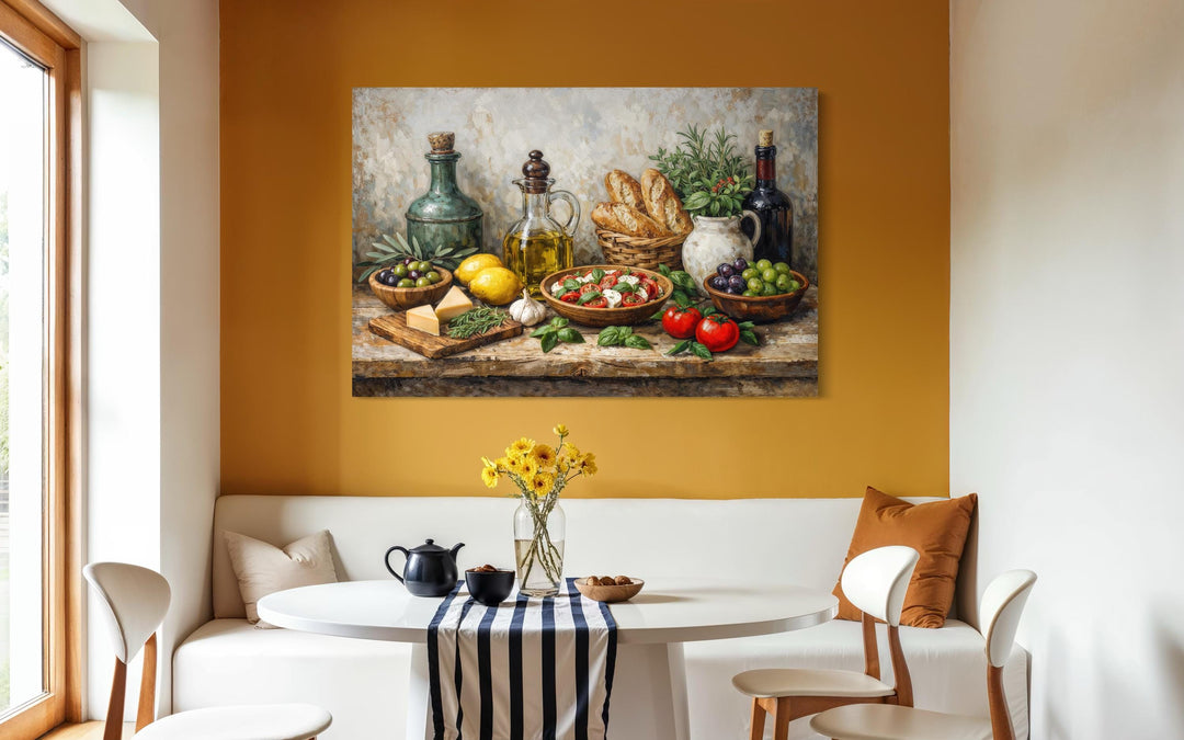 Mediterranean food still life canvas art displayed on a warm yellow wall in a modern dining area.