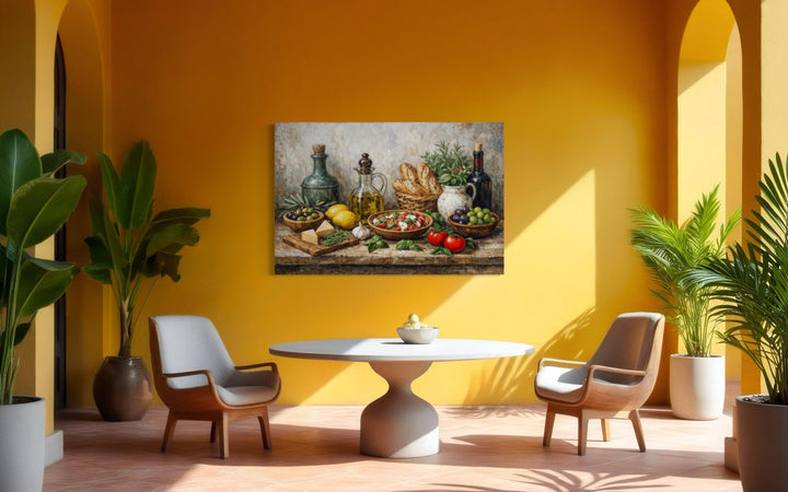 Mediterranean food still life canvas art displayed on a yellow wall in a modern dining room.