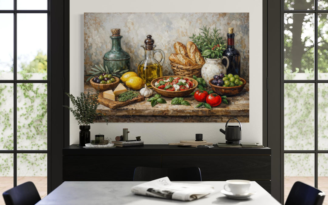 A Mediterranean food still life canvas print hangs above a sideboard in a modern dining room.