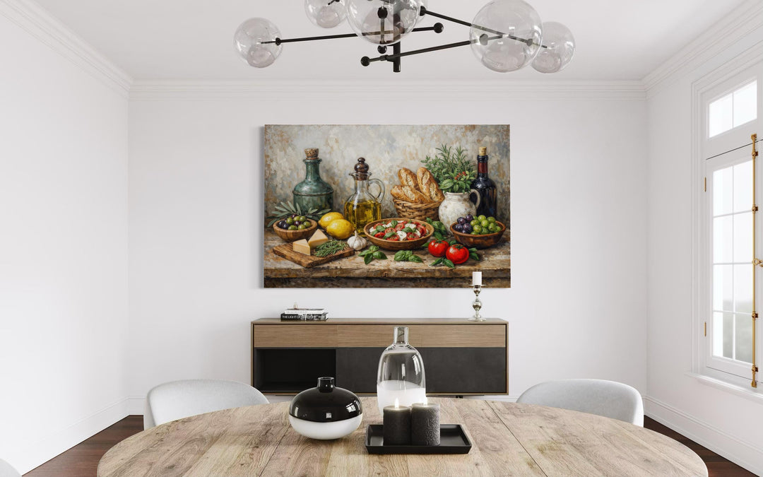 Mediterranean food still life canvas wall art displayed in a modern dining room setting.