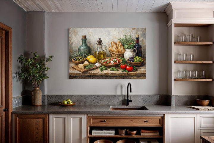 Mediterranean food still life canvas art displayed on a gray wall above a modern kitchen sink.