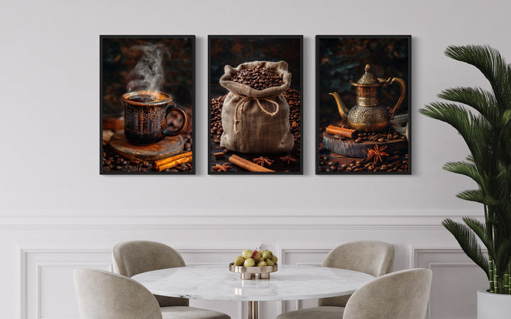 Set of 3 framed canvas prints featuring a steaming coffee mug, coffee beans, and a coffee maker.