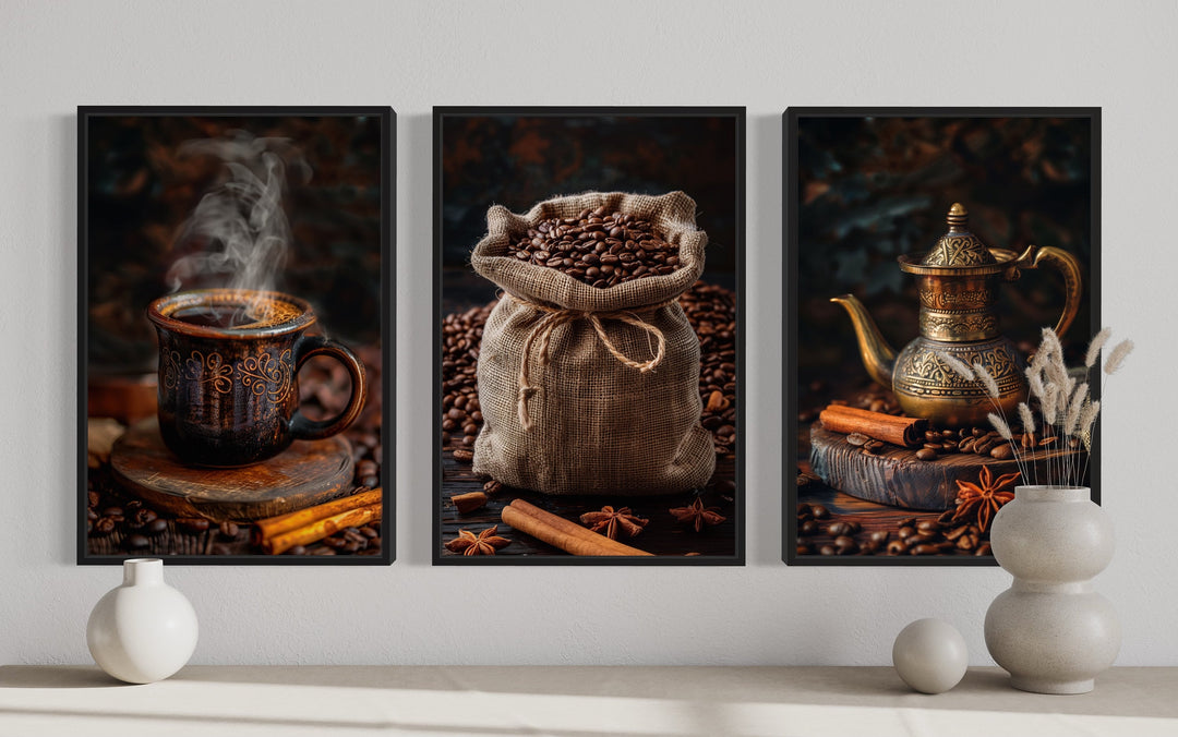 Set of 3 framed canvas prints featuring a steaming coffee mug, a burlap sack of beans, and a pot.