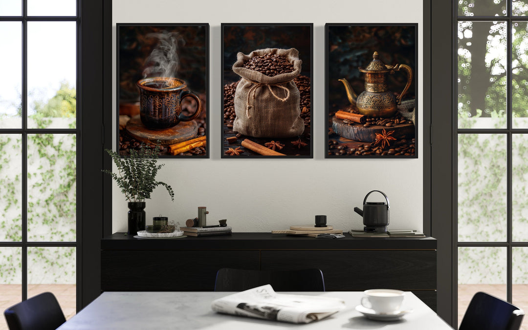 Set of 3 framed canvas prints featuring a steaming coffee mug, coffee beans, and a vintage pot.