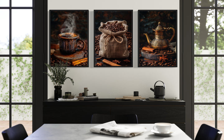 Set of 3 framed canvas prints featuring a steaming coffee mug, coffee beans, and a vintage pot.