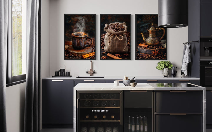 Set of 3 framed canvas prints featuring a steaming coffee mug, coffee beans, and a coffee maker.