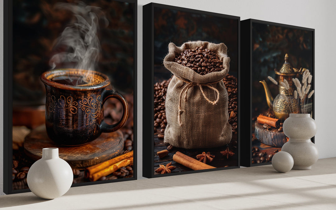 Set of 3 framed canvas prints featuring a steaming coffee mug, coffee beans, and a coffee maker.