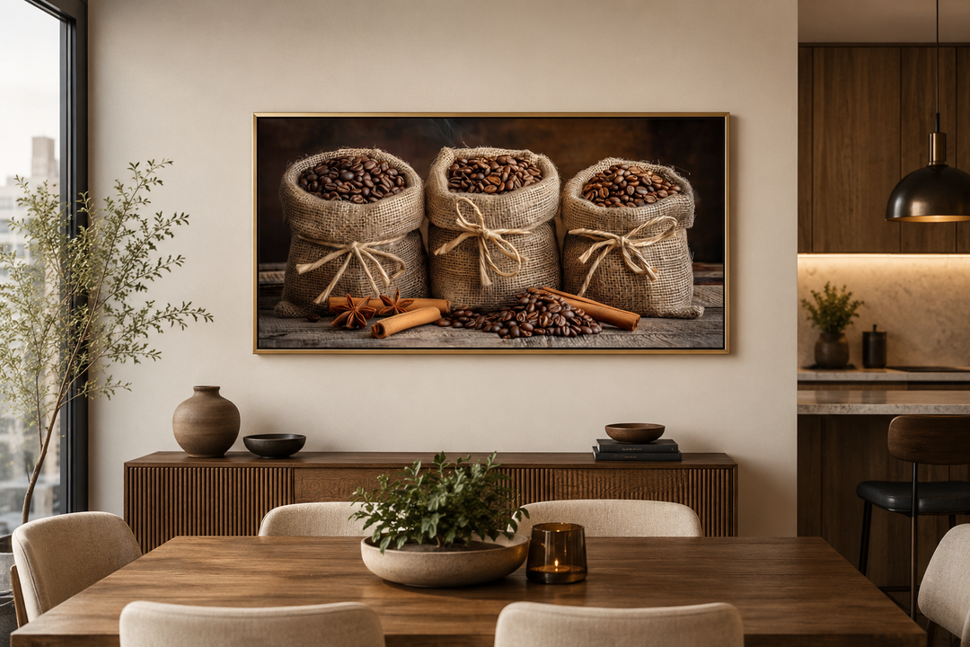 Framed canvas wall art of coffee beans in burlap bags and cinnamon sticks above a dining table.