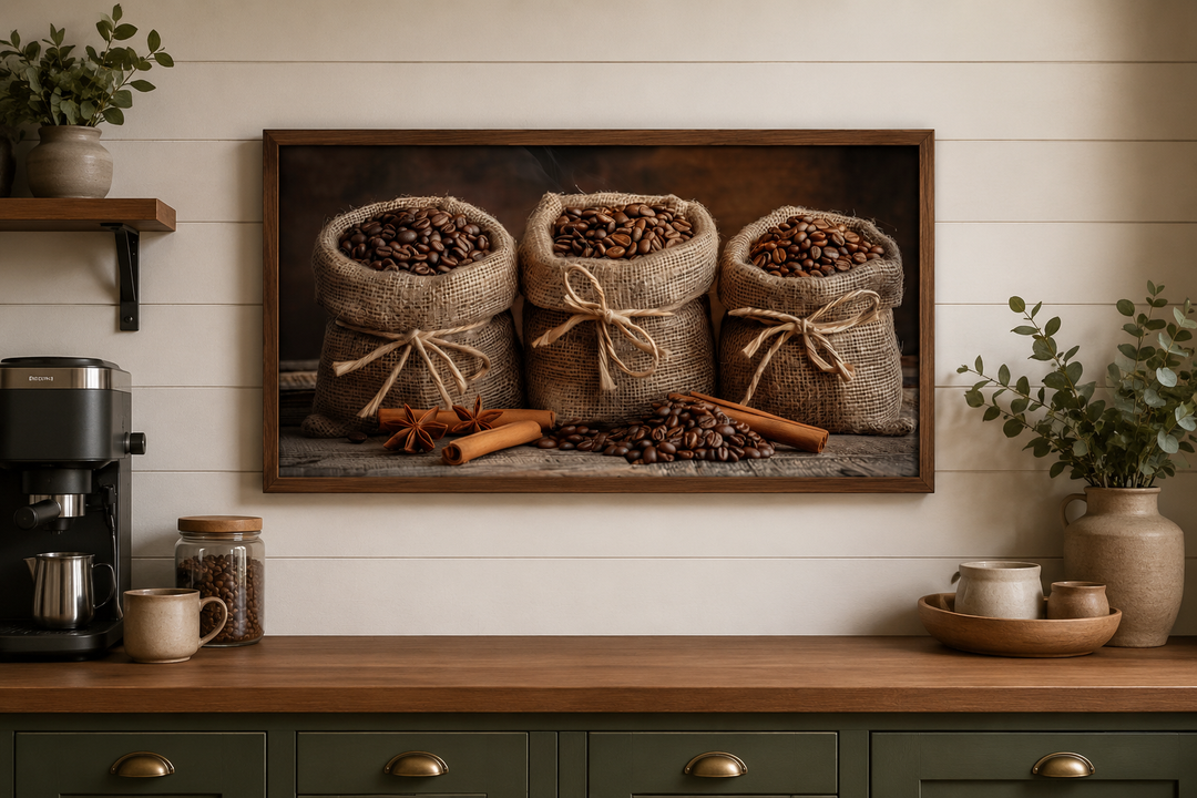 Framed canvas wall art of coffee beans in burlap bags and cinnamon sticks above a coffee bar.