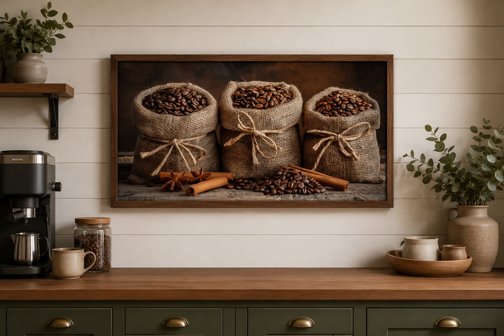 Framed canvas wall art of coffee beans in burlap bags and cinnamon sticks above a coffee bar.