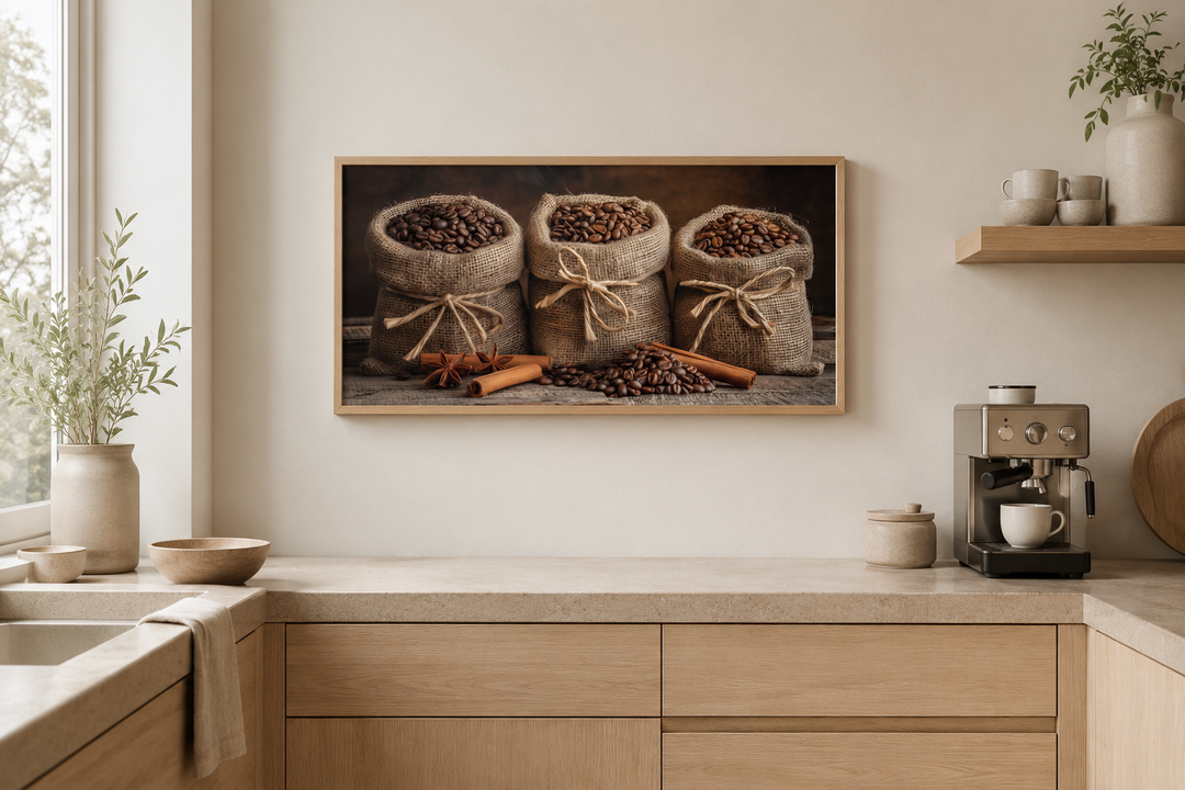 Framed canvas wall art of coffee beans in burlap bags and cinnamon sticks in a modern kitchen.