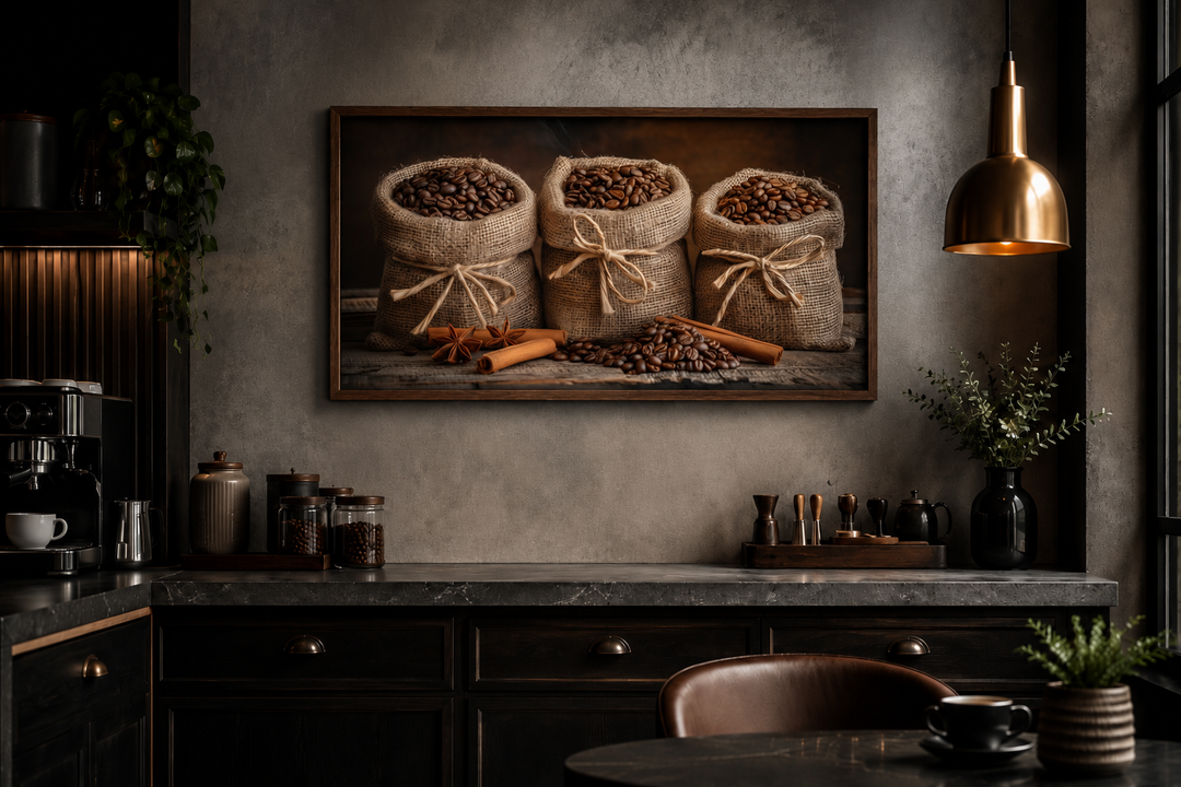 Framed canvas art of coffee beans in burlap bags and cinnamon sticks above a dark kitchen counter.
