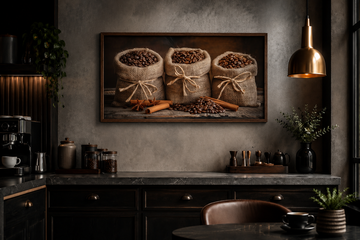 Framed canvas art of coffee beans in burlap bags and cinnamon sticks above a dark kitchen counter.