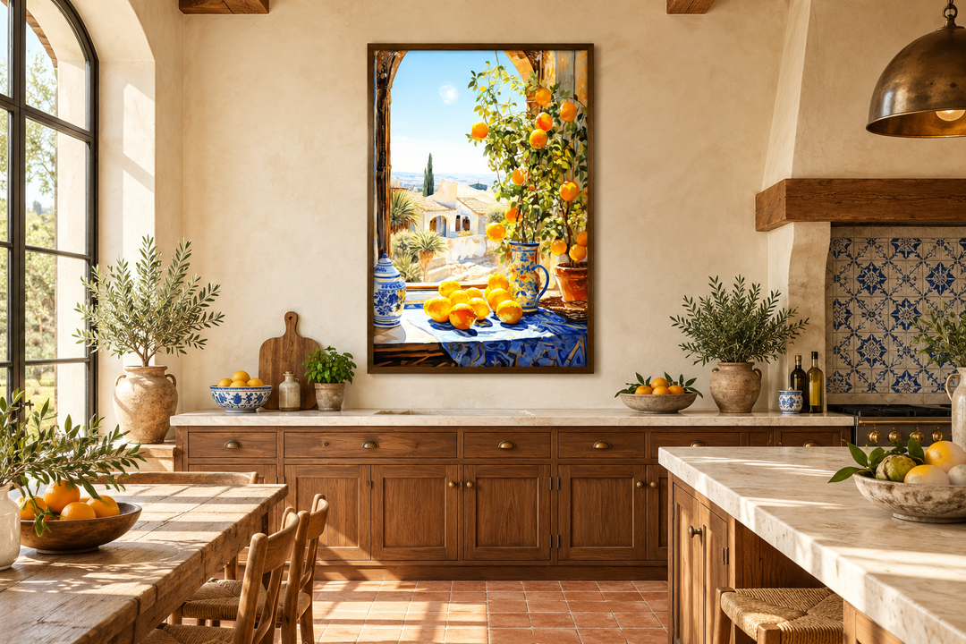 Framed Mediterranean window view wall art with oranges hanging in a rustic kitchen setting.
