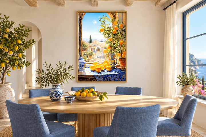 Mediterranean window view wall art with oranges in a gold frame above a dining table.