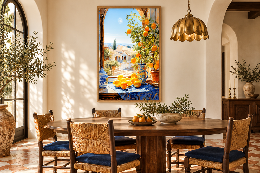 Framed Mediterranean window view painting with oranges hanging in a rustic dining room.