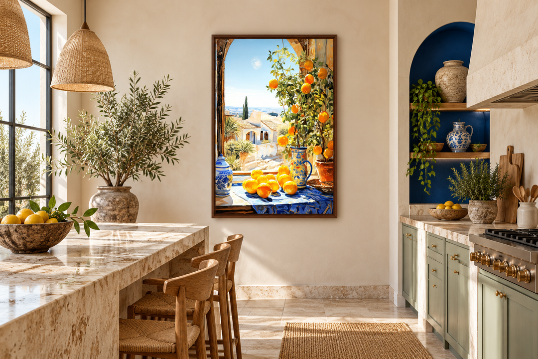Mediterranean window view wall art with oranges in a warm, rustic kitchen setting.