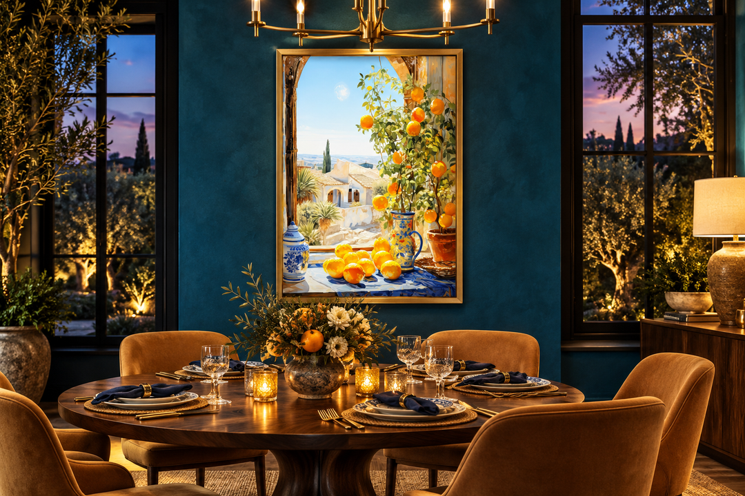 Framed Mediterranean window view painting with oranges on a teal dining room wall.